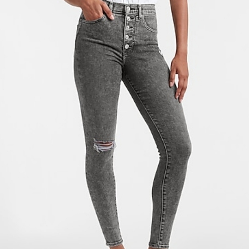 High Waisted Button Front Faded Black Skinny Jeans